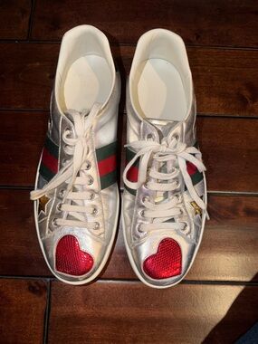 Gucci Silver Metallic Sneakers with Red Heart Toe Accents